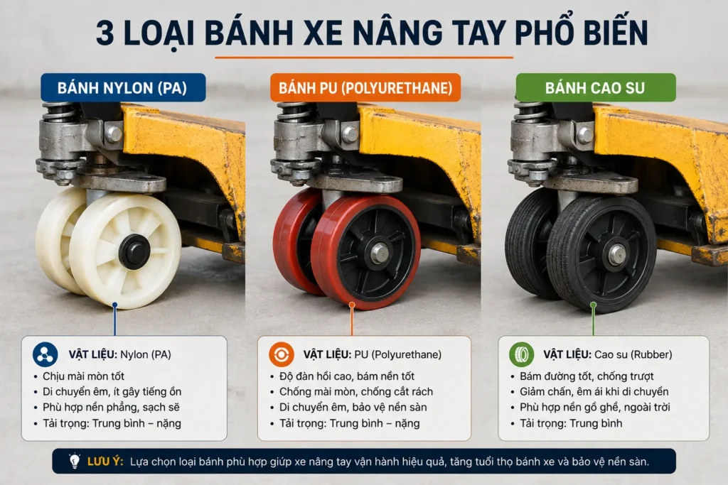 3 loai banh xe nang tay pho bien
