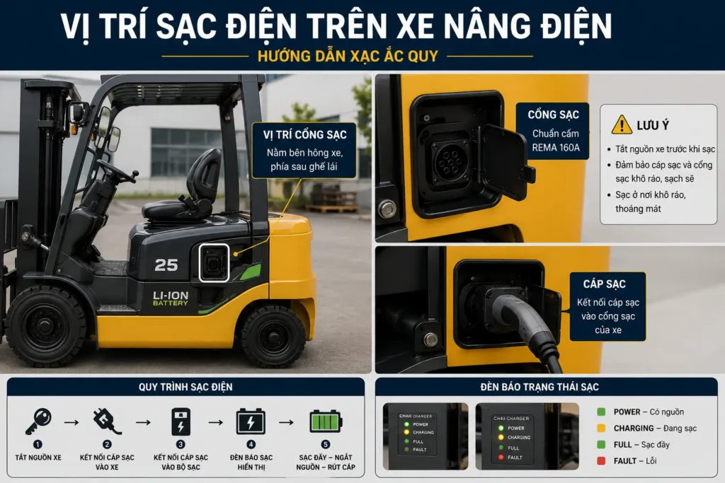 Vi tri xac dien tren xe nang hang chay dien
