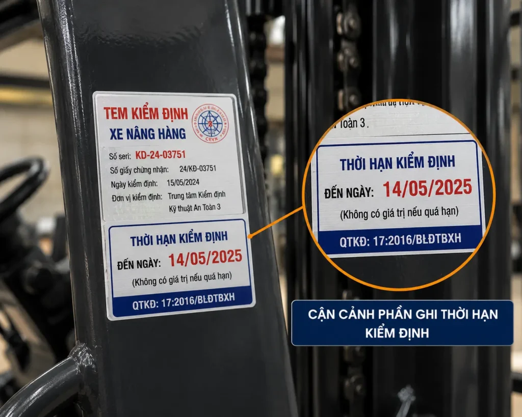 tem kiem dinh tren xe nang hang