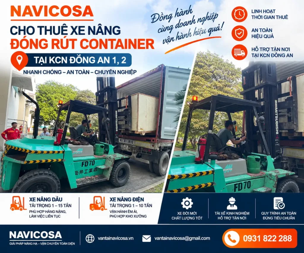 Navicosa cho thue xe nang dong rut container, xep do hang hoa xe tai tai KCN Dong An 1, 2