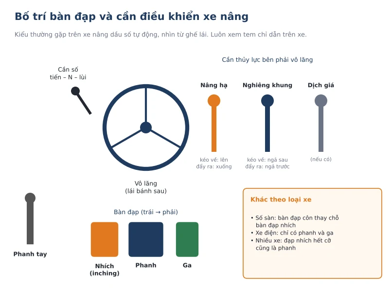 Bo tri ban dap va can dieu khien xe nang