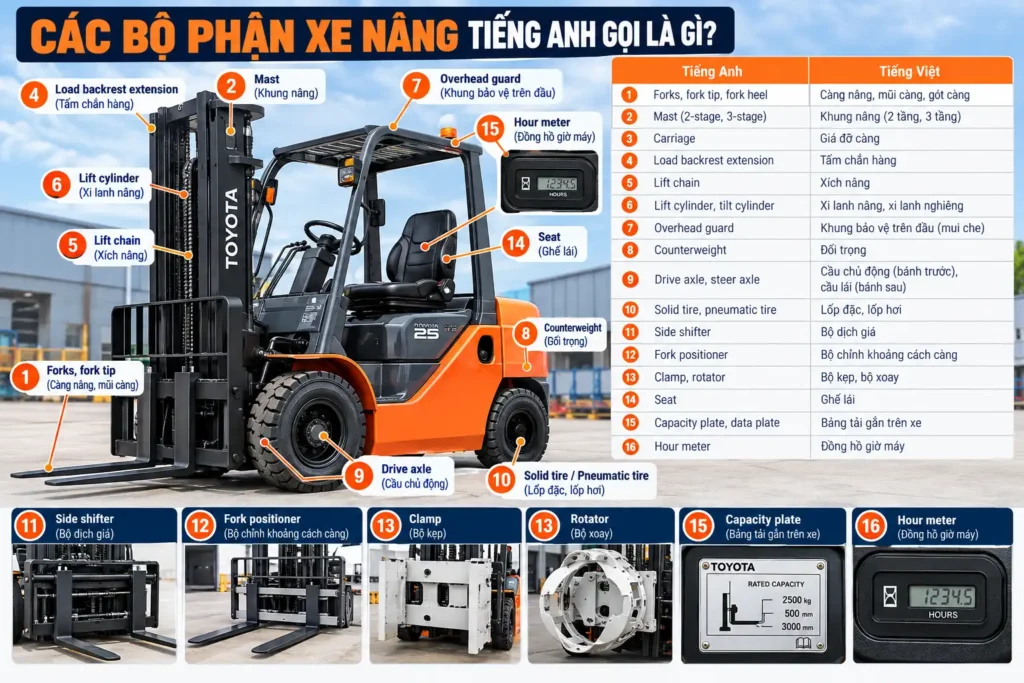 Cac bo phan tren xe nang tieng anh la gi