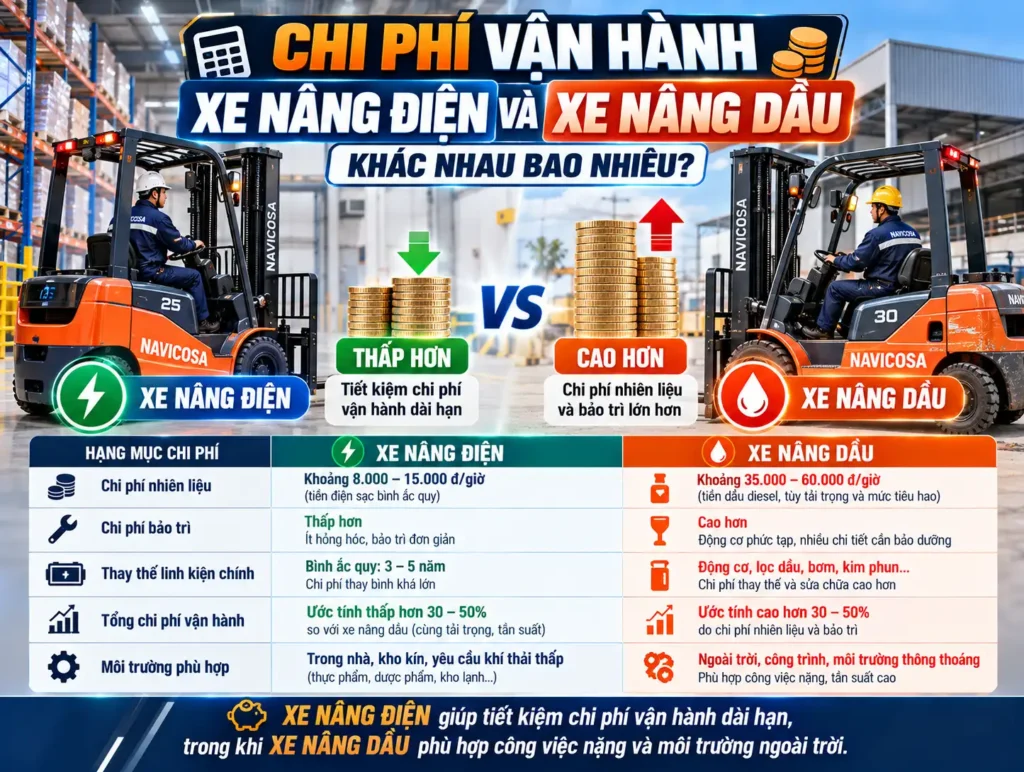 Chi phi van hanh xe nang dien va xe dau khac nhau the nai