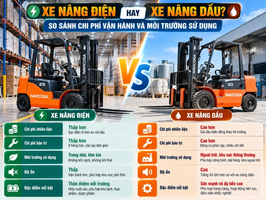 Chon xe nang dien hay xe nang dau