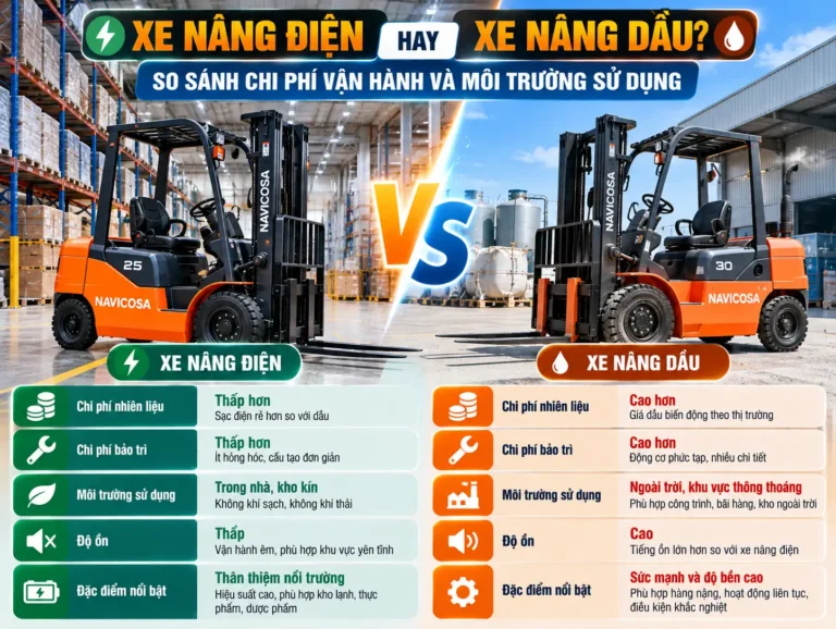 Xe nâng điện hay xe nâng dầu? So sánh chi phí vận hành và môi trường sử dụng