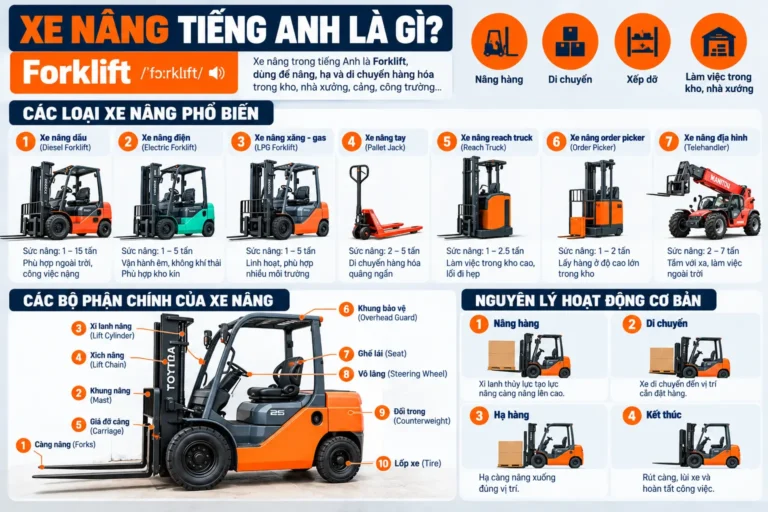 Xe nâng tiếng Anh là gì? Forklift, tên các loại và bộ phận